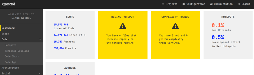 CodeScene's dashboard for the analysis of the Linux Kernel.